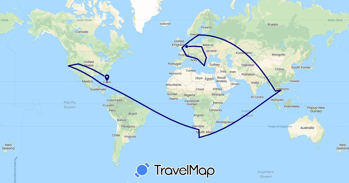 TravelMap itinerary: driving in Cuba, France, United Kingdom, Greece, Croatia, Laos, Mexico, Namibia, Netherlands, Poland, Romania, Sweden, Thailand, United States, South Africa (Africa, Asia, Europe, North America)